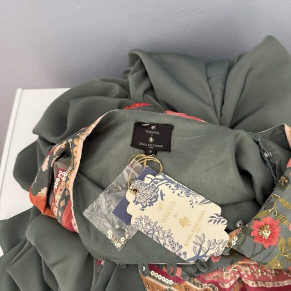 Wishful x Sahil Kochhar Green Printed Maxi Saree Dress Beaded Embroidered - Picture 7 of 9